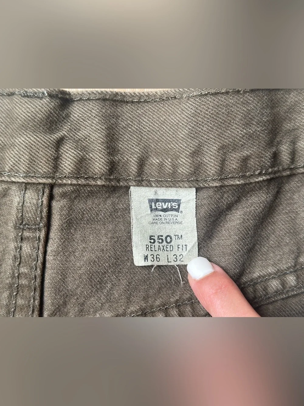 Vintage USA Made Levi’s 550 Relaxed Fit Jeans 36x32 Olive Brown 100% Cotton